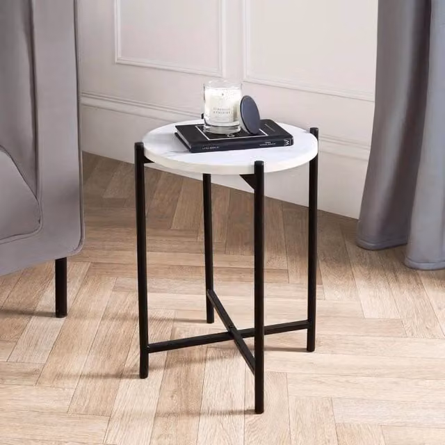 FORGEVIO Round Side Table with White Marble Top, W/D/H: 35 x 35 x 45 cm – 1