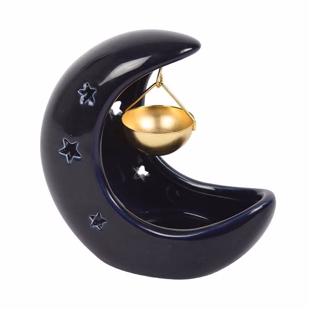 Uniqueful Blue and Gold Crescent Moon Hanging Ceramic and Metal Tealight Oil Burner – 3
