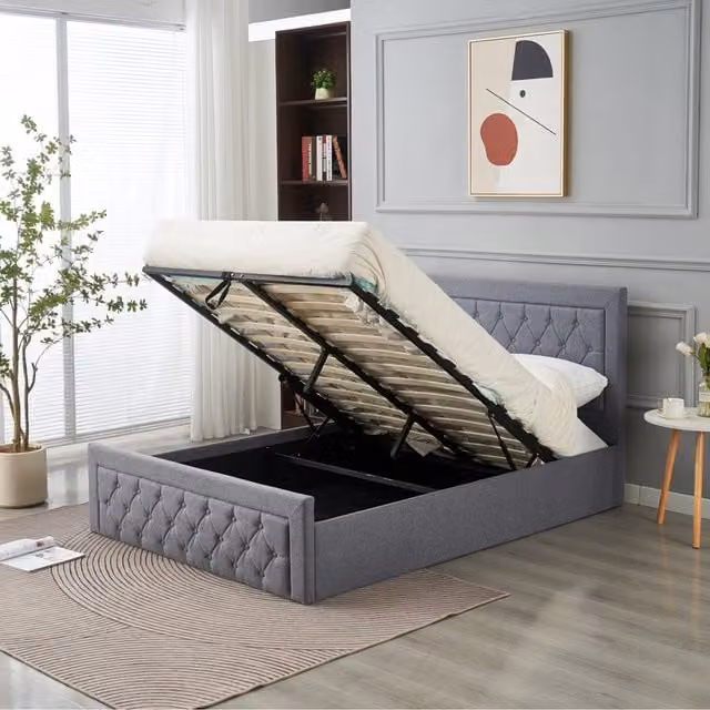 Home Treats Grey Upholstered Ottoman Bed Frame with Lift Up Base and Hybrid Mattress, W/D/H: 180 x 200 cm