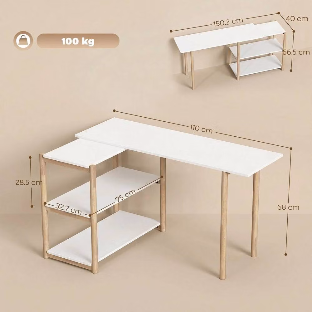 KORVIXA White Computer Desk with Storage Shelves and Rotating Top, W: 150 cm, D: 100 cm – 2