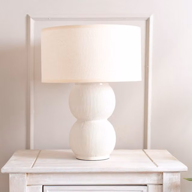 ValueLights Gemma Stacked Ribbed Ceramic Table Lamp with Fabric Drum Shade and Bulb in White