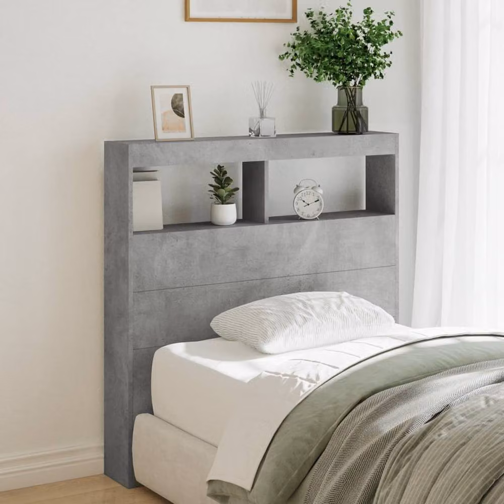 Berkfield Home Modern Headboard Cabinet with LED Lighting and USB Charging Port in Matt Concrete Grey, W/D/H: 100 x 17 x 102 cm – 2