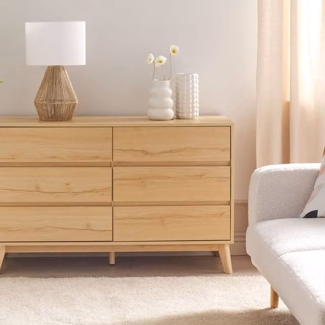 Wyld and Coco 6-Drawer Chest in Light Brown with Pine Legs