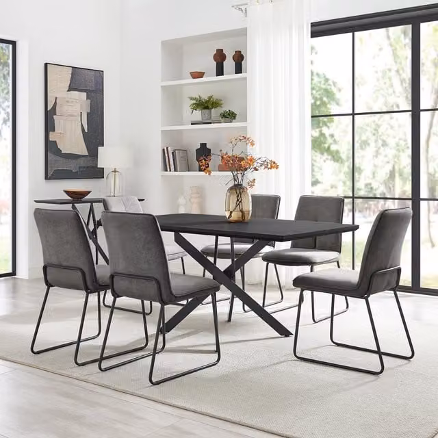 FurnitureboxUK Leonardo Black Rectangular Dining Table and 6 Halley Dark Grey Fabric Chairs