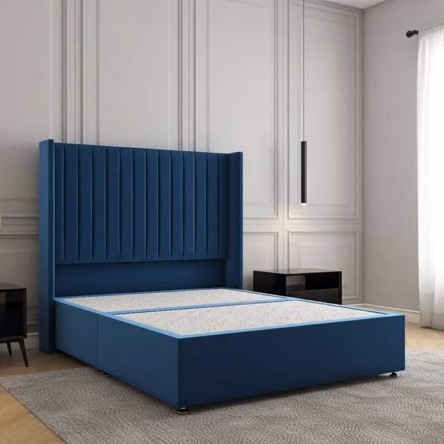 REGIONAL FURNISHINGS Plush Velvet King Size Divan Bed Base with 54 inch Headboard in Blue, W/D/H: 180 x 200 cm