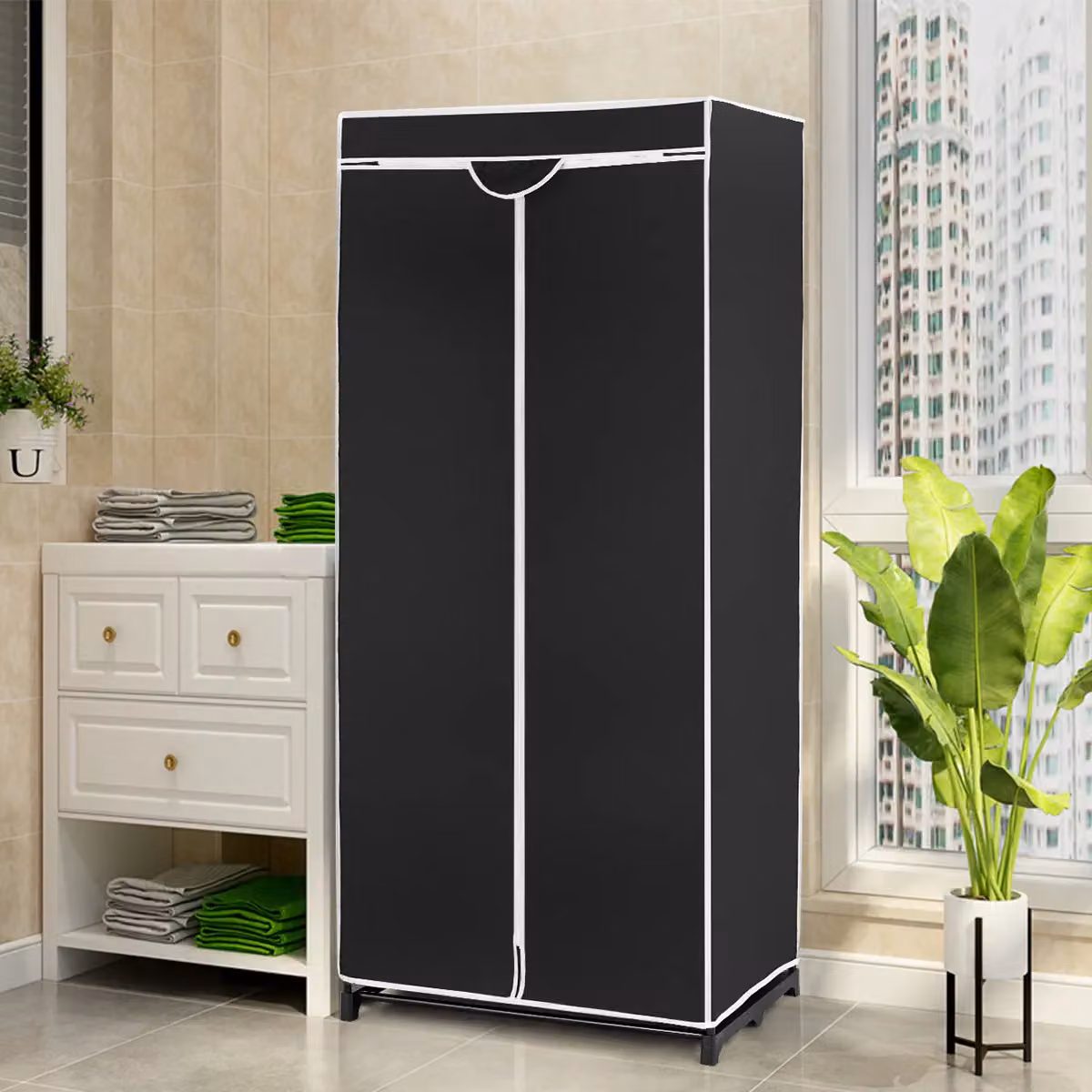 Costway Single Fabric Folding Wardrobe with Hanging Rail and Zippers in Black – 3