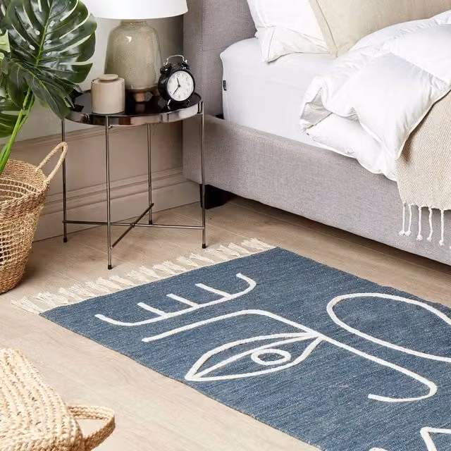 Wyld and Coco Blue Handwoven Boho Rectangular Rug with Fringes, W: 80 cm, L: 150 cm – 1