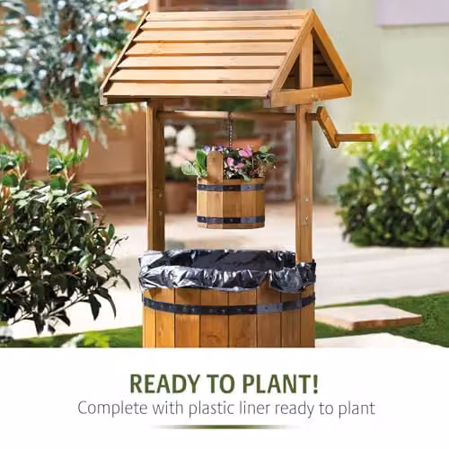Gainsborough Wooden Wishing Well Planter with Faux Crank, Bucket and Liner in Brown, Height: 83 cm – 4