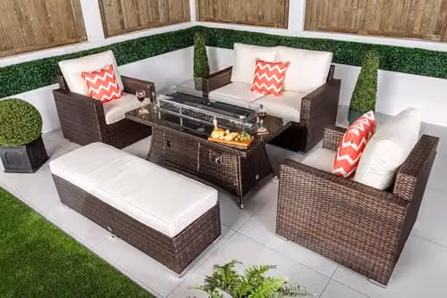 Giardino Sydney Rattan Garden Furniture Set in Brown with 2-Seater Sofa, 2 Armchairs, Coffee Table and Upholstered Cushions – 2