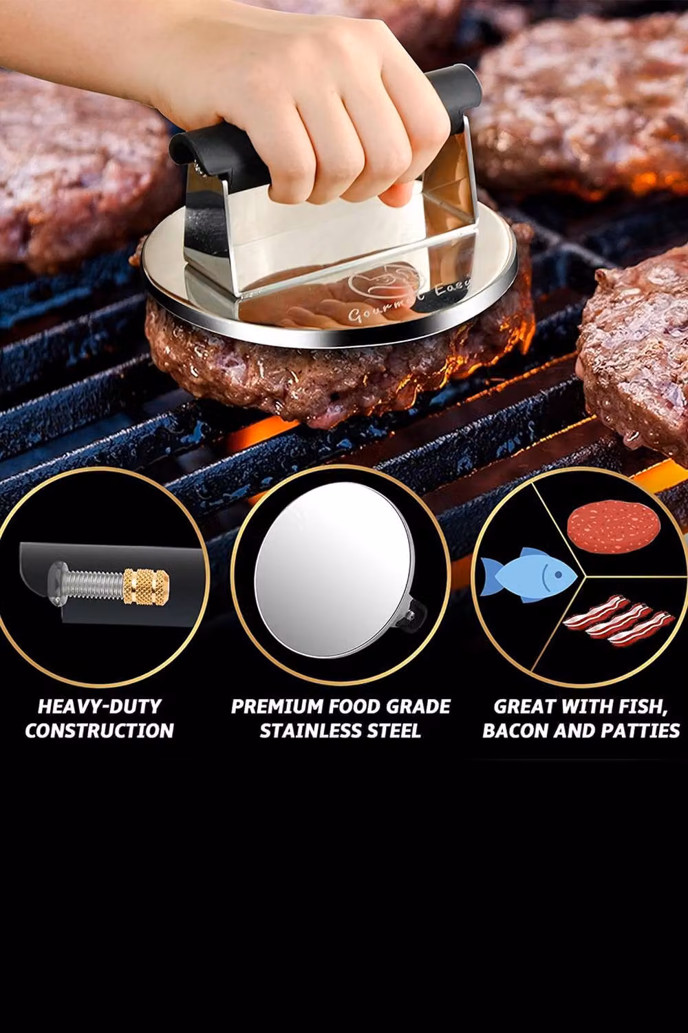 Gourmet Easy Stainless Steel Round Smash Burger Press in Silver with Ergonomic Grip – 2