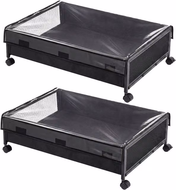 VOGREX 48L Black Metal Under Bed Storage Box with Lid and Castors – 1