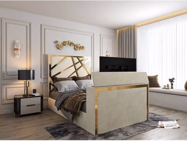 KDMD Morgan Upholstered Soft Velvet TV Bed Frame in Beige, Size: Single (W/D/H: 90 x 190 cm) – 1