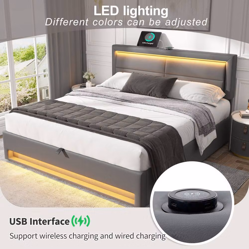 ModernLuxe Upholstered Super King Bed in Grey with Hydraulic Storage, LED Lighting and USB Charging Ports, W/D/H: 180 x 200 cm – 4
