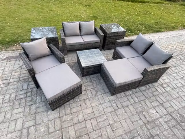 Fimous 7 Seater Dark Grey Rattan Garden Furniture Set with U-Shape Sofa, Coffee Table, Chair, Side Tables and Ottomans