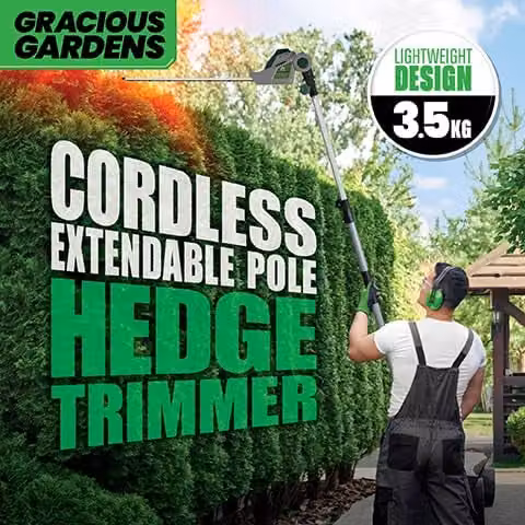 Gracious Gardens 18V Long Reach Cordless Reciprocating Hedge Trimmer in Grey and Green with 2 Rechargeable Batteries and Quick Charger – 6