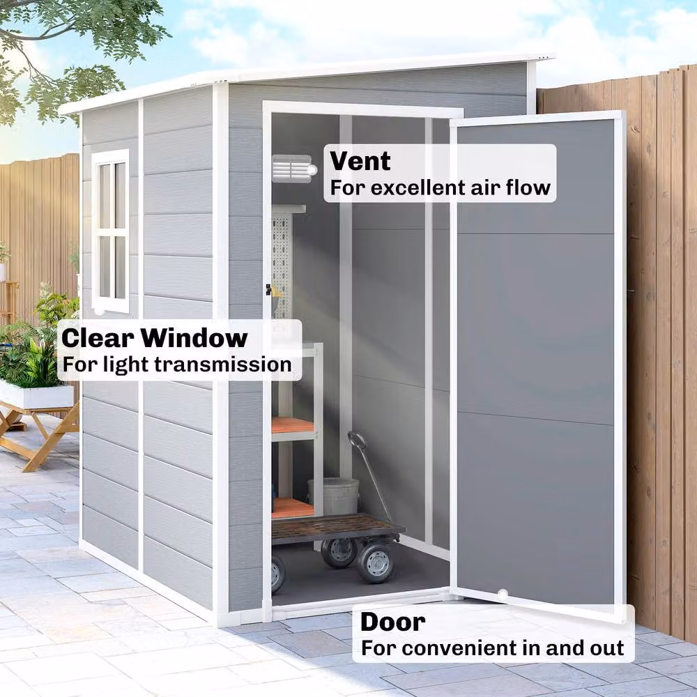 Rolipo Grey Aluminium Lean-To Pent Garden Shed with Window and Lockable Single Door, W: 121.92 cm, D: 152.4 cm, H: 139.0 cm – 5