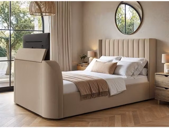 Flair Furnishings Fallon TV Side Lift Ottoman Bed in Beige Velvet, Double