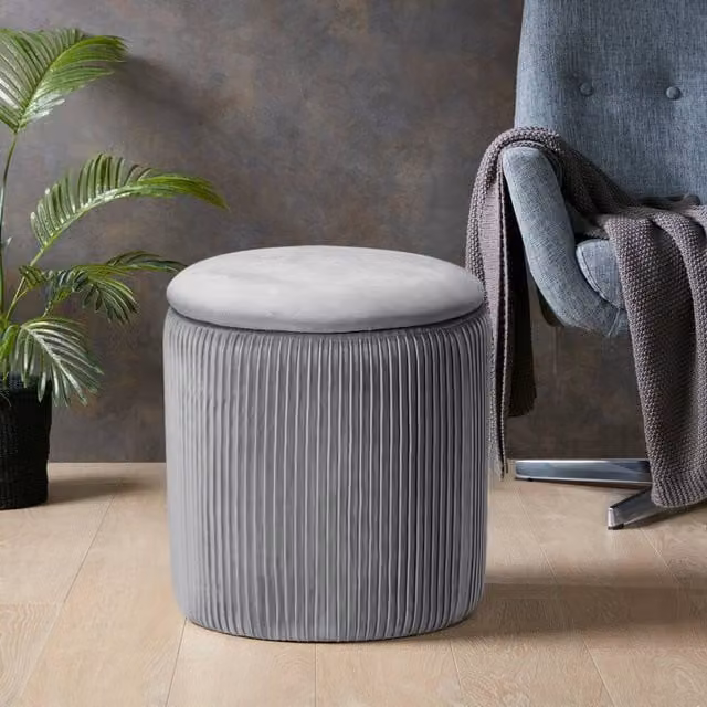 Livingandhome Round Grey Velvet Fabric Storage Ottoman