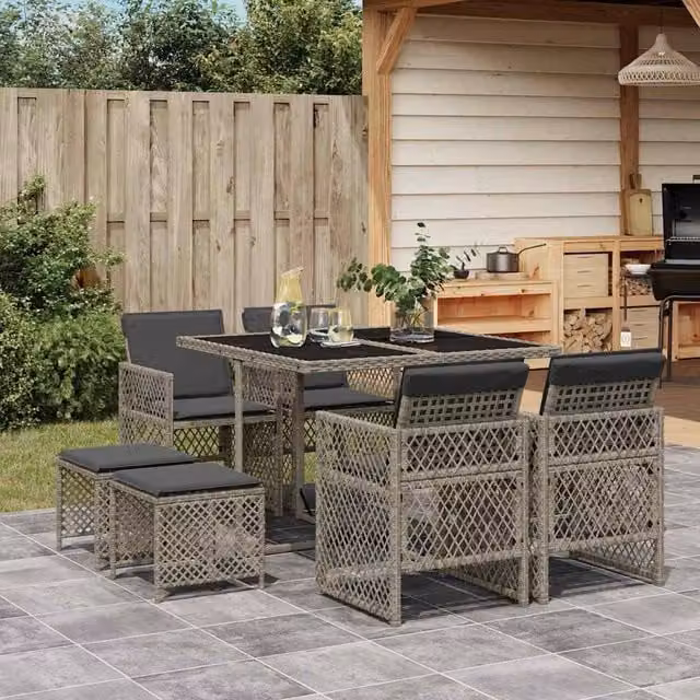 Berkfield Home 9 Piece Grey Poly Rattan Garden Dining Set with Cushions and Glass Tabletop