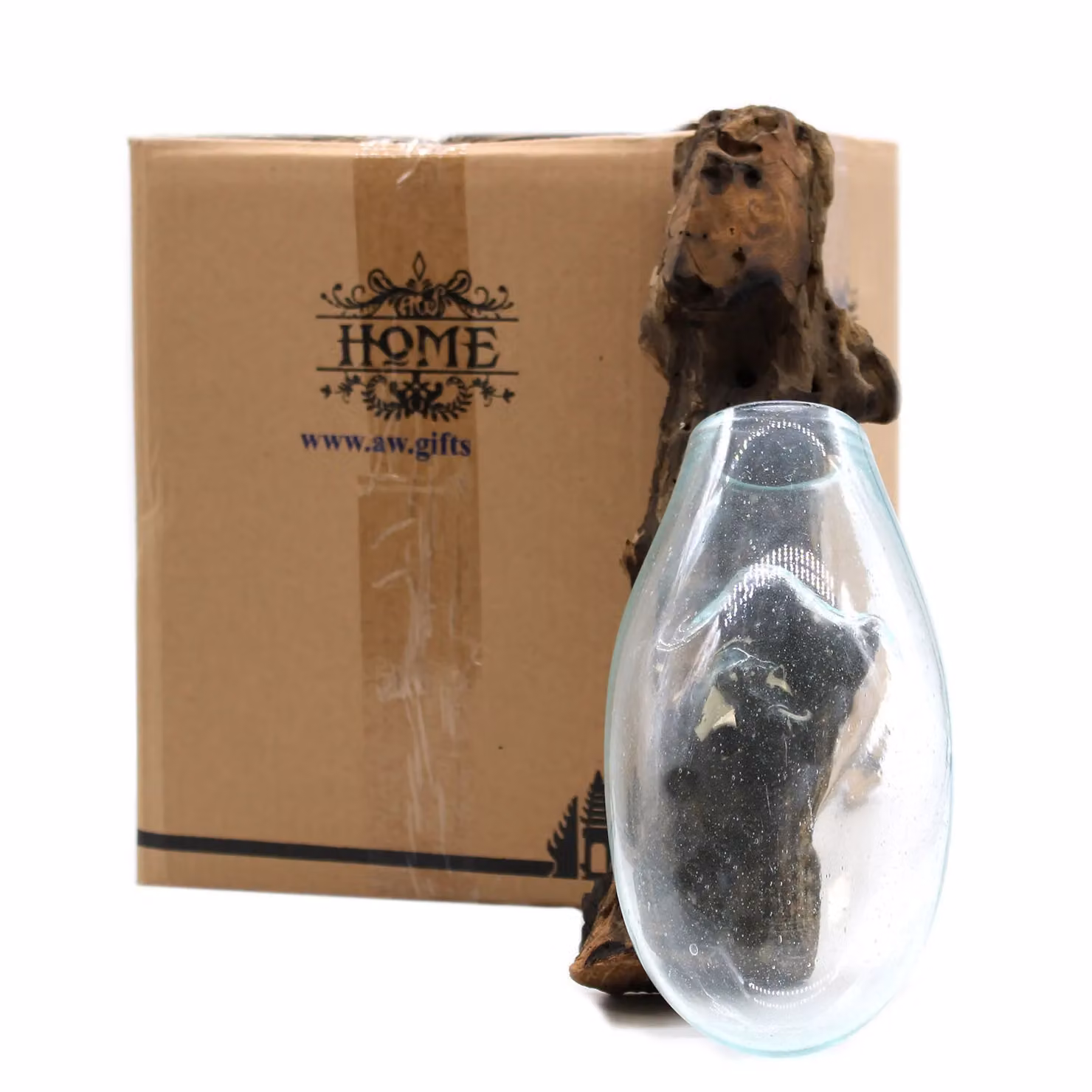 KDMD Molten Glass on Wood Hanging Bowl in Brown and Transparent – 3