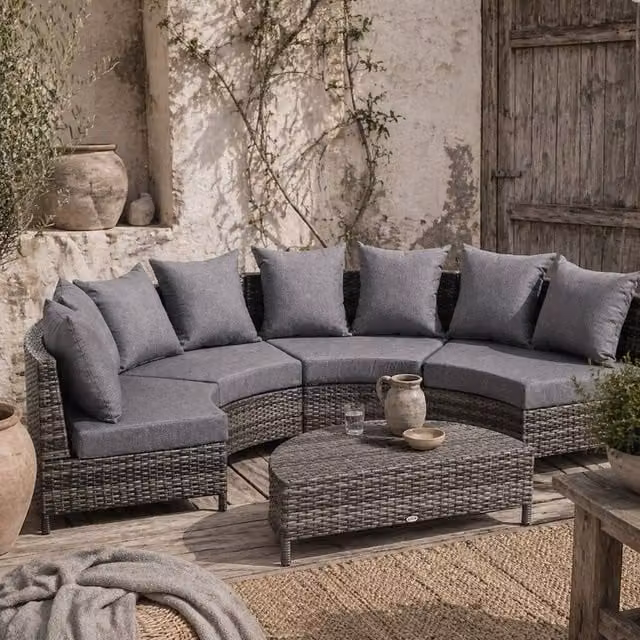 Wyld Haus Reka Grey 5 Piece Half Round Outdoor Rattan Sofa Set with Coffee Table