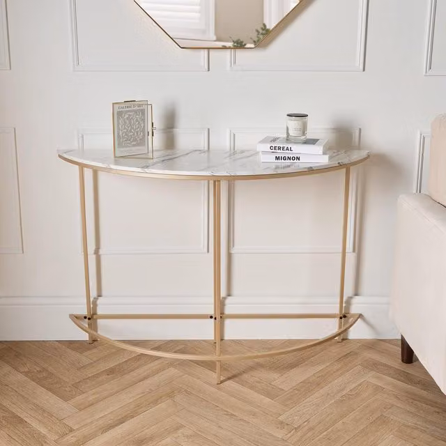 OHS Modern Semi Circle Home Side Console Table with White Marble Top and Gold Metal Legs