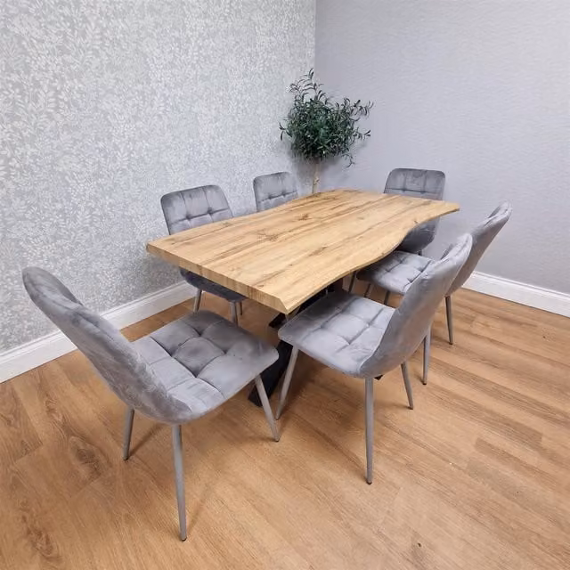 KOSY KOALA Modern Rectangular Dining Table Set with 6 Grey Velvet Chairs, Brown Wood and Metal Finish – 1