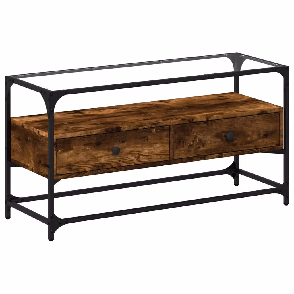 Berkfield Home Industrial TV Cabinet with Glass Top in Smoked Oak Brown, W/D/H: 98 x 35 x 51 cm – 2