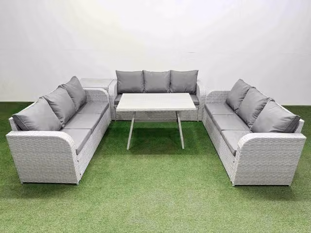Fimous 9 Seat Outdoor Rattan Garden Furniture Set with 3 Seater Sofa and Side Table in Light Grey