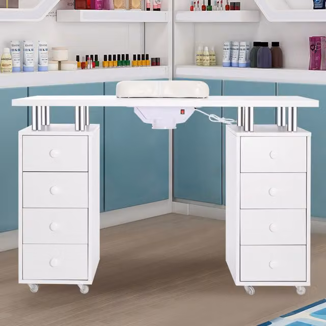 Livingandhome Modern Glossy White Manicure Nail Table with Castors