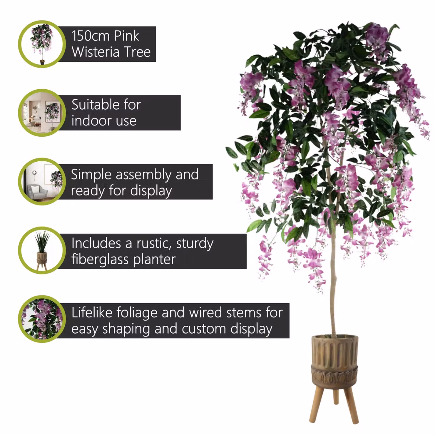 Pegdev 150cm Pink Artificial Wisteria Tree in a Rustic Black Fibreglass Planter – 2