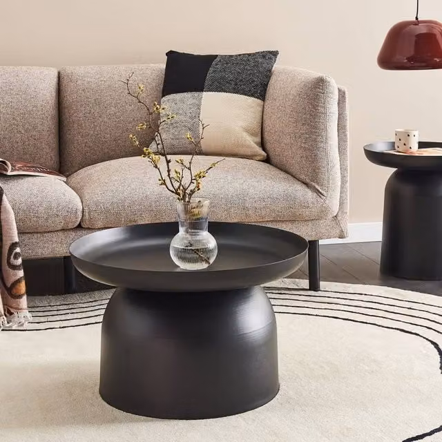 Wyld and Coco Black Round Metal Coffee Table with Geometric Industrial Design, W/D/H: 60 x 60 x 36 cm – 1