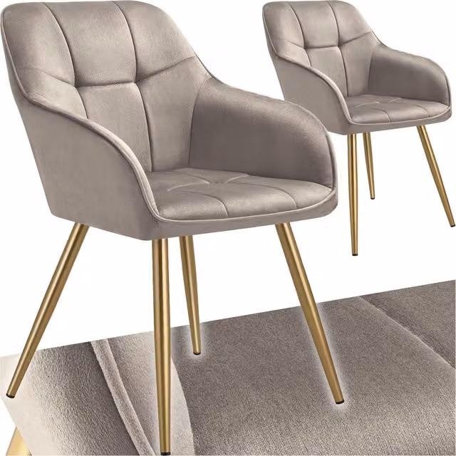 Tectake Marilyn Quilted Velvet Dining Chair with Metal Legs in Taupe