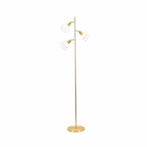 ValueLights 3 Arm Metal Floor Lamp in Gold/Brass with LED Bulb and Geometric Basket Shade – 1