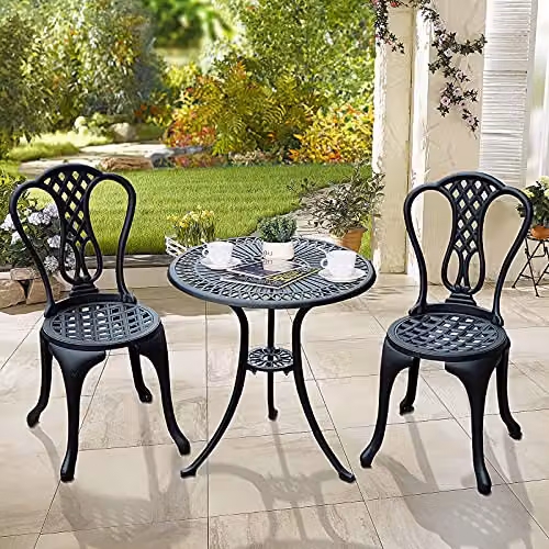 Outsunny 3 Piece Shabby Chic Cast Aluminium Bistro Set in Matt Black with Floral Design – 7