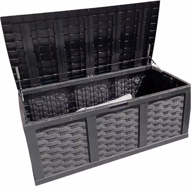 Samuel Alexander 634 Litre Rattan Effect Garden Cushion Storage Box with Sit on Lid in Black – 1