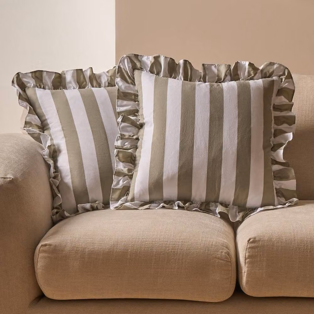 OHS 2 Pack Striped Frill Decorative Throw Pillows with Removable Linen Covers, Green, W/D/H: 45 x 45 x 45 cm – 2