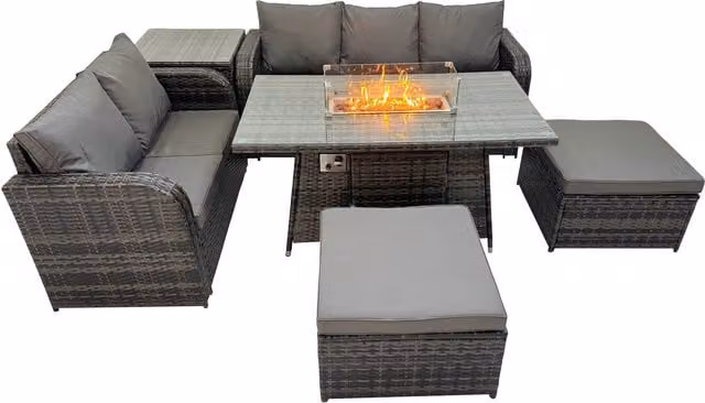 Fimous Outdoor Rattan Furniture Set with Fire Pit Table, Love Sofa and 3-Seater in Dark Grey Mixed