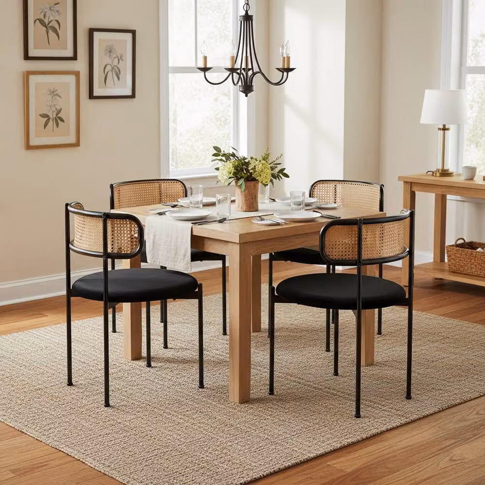 Matteo Black Velvet Dining Chair Set of 4 with Rattan Back and Metal Legs – 2