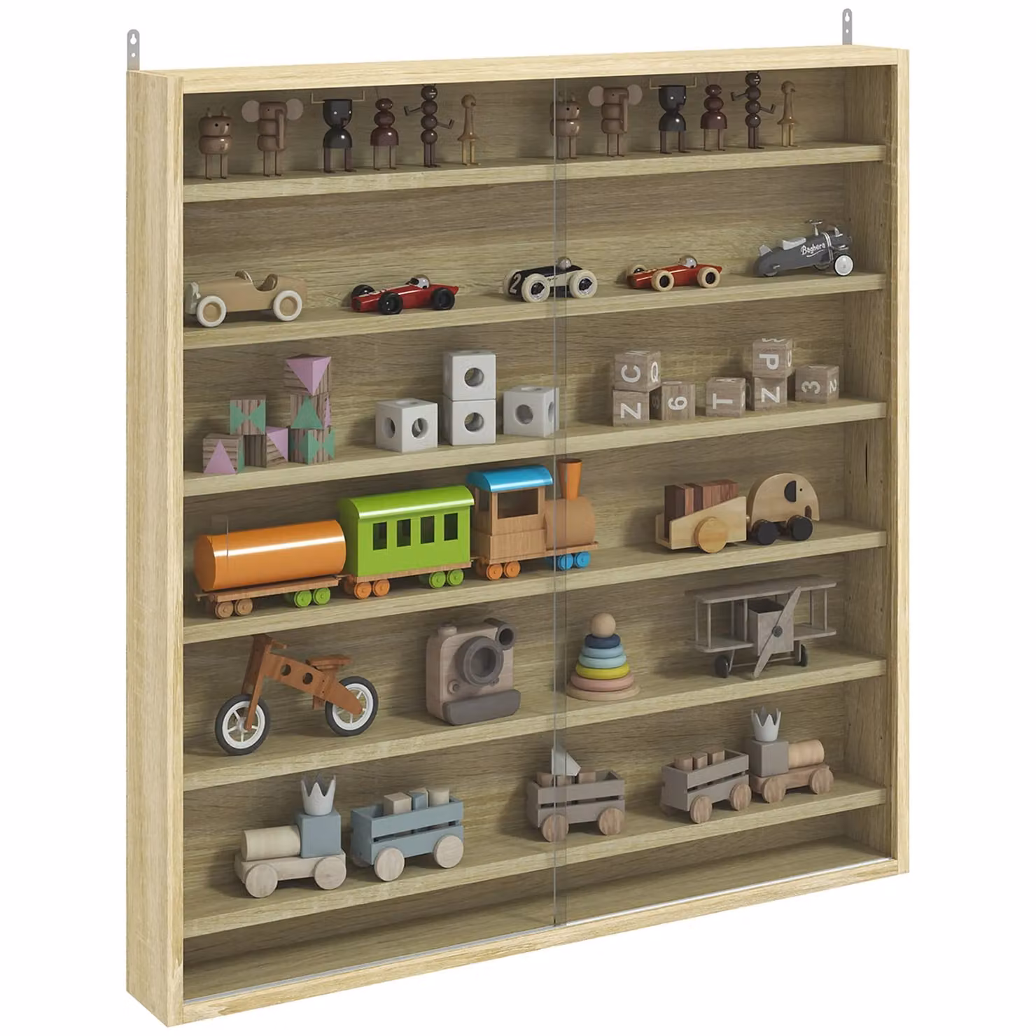 HOMCOM 7-Tier Wall Mounted Display Cabinet with Glass Doors and Internal Shelves in Oak Brown, W: 80 cm, H: 83 cm – 2