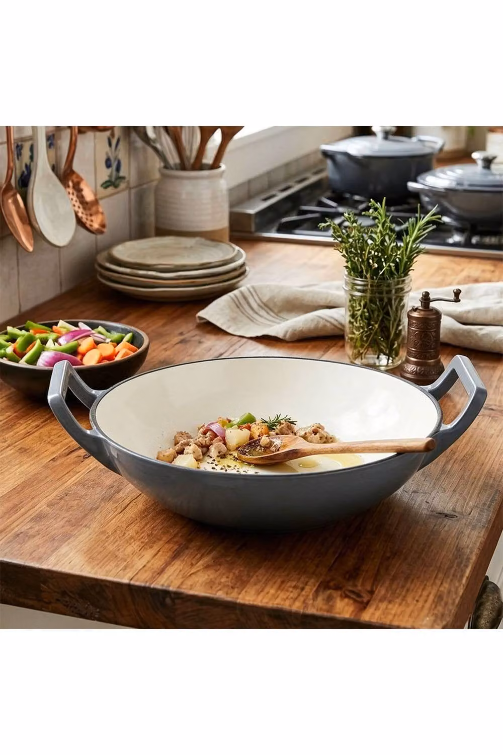 Living and Home Enamelled Cast Iron Stir-Fry Pan Wok, Grey, Depth: 30 cm – 7