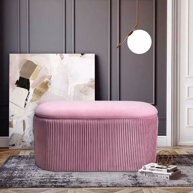 Livingandhome Oval Velvet Storage Ottoman Footstool in Pink