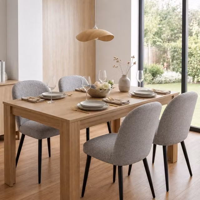 Kosy Koala Modern Rectangular Dining Table and 4 Grey Fabric Chairs Set in Brown