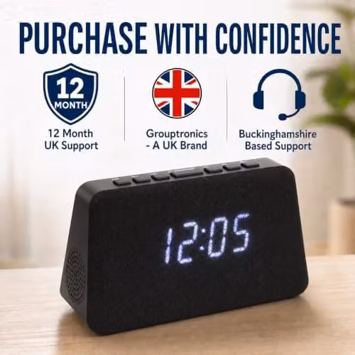 Grouptronics GTQ-RENEW Wireless Charging Alarm Clock Radio with FM Radio and USB Charging, Black with Black Cloth Screen – 6
