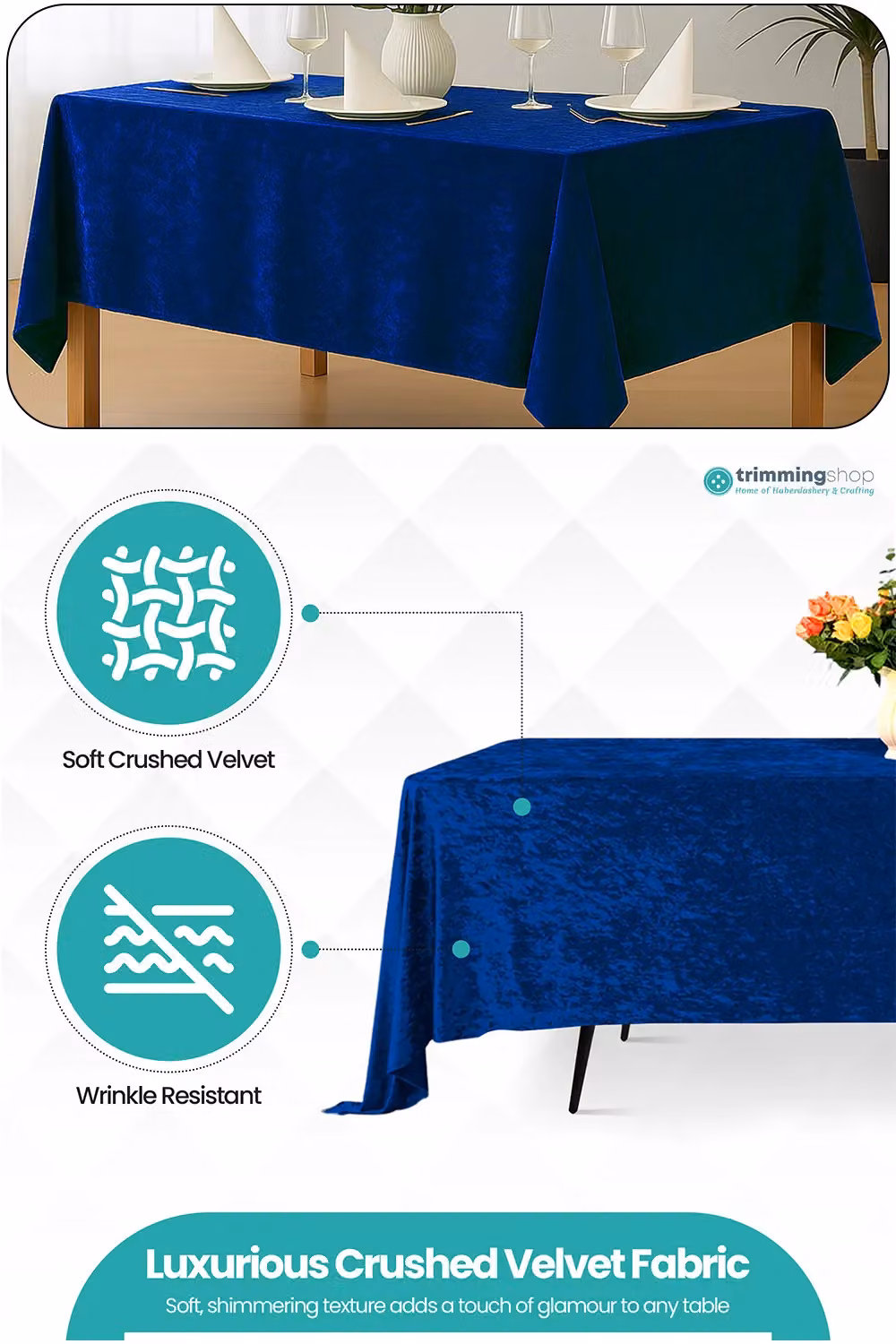 Neel Blue Diamond Velvet Rectangular Tablecloth in Royal Blue – 2
