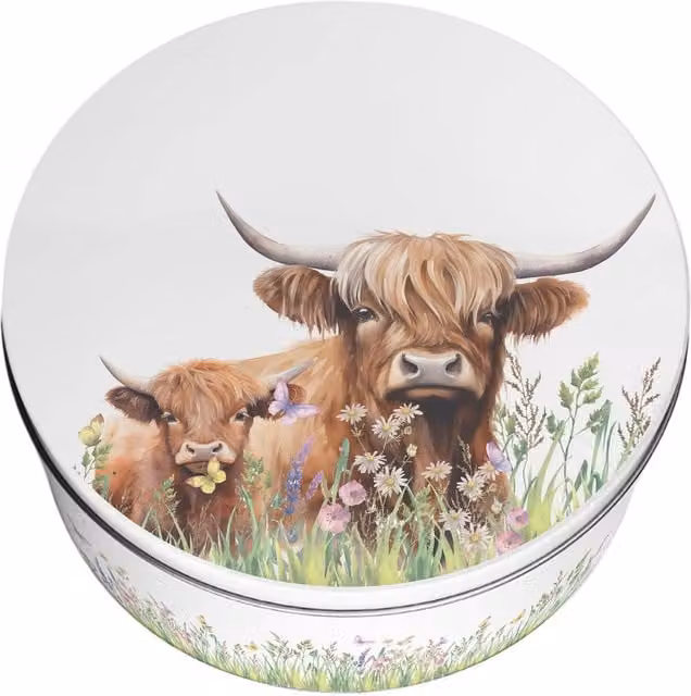 Purely Home Round Highland Cow and Calf Large Cake Tin, Multicoloured