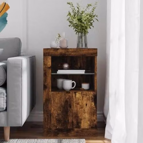 vidaXL Modern Side Cabinet with Integrated LED Lights in Smoked Oak, W/D/H: 67 x 37 x 37 cm – 1