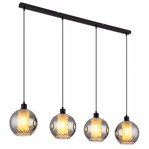 Netlighting Ulf Bar Pendant Ceiling Light in Black with Smoke Glass Sphere Shade, 4x E27, Height Adjustable – 1