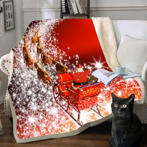 Gr8 Home Christmas Sleigh Red Flannel Fleece Throw W: 130 cm, D: 150 cm – 2