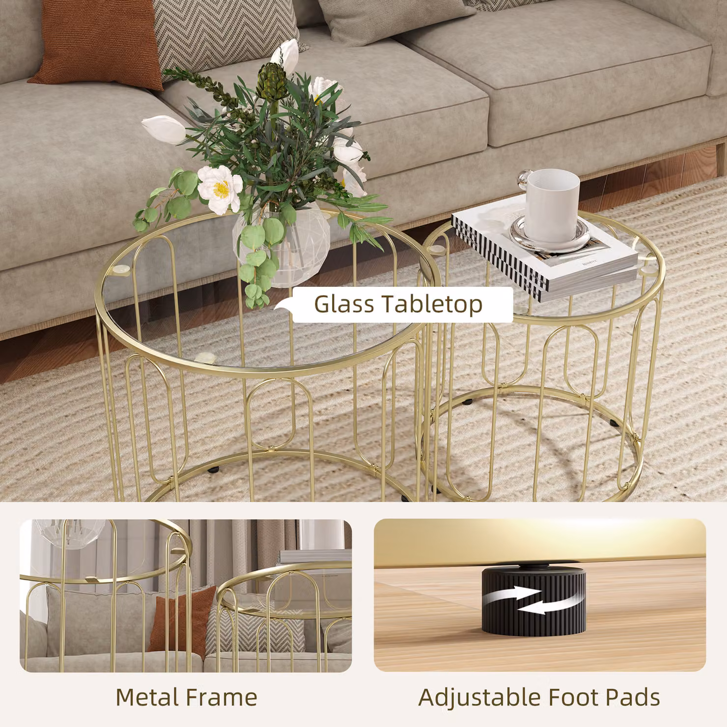 HOMCOM Set of 2 Round Nest of Tables with Tempered Glass Tops and Gold Tone Metal Frame – 4
